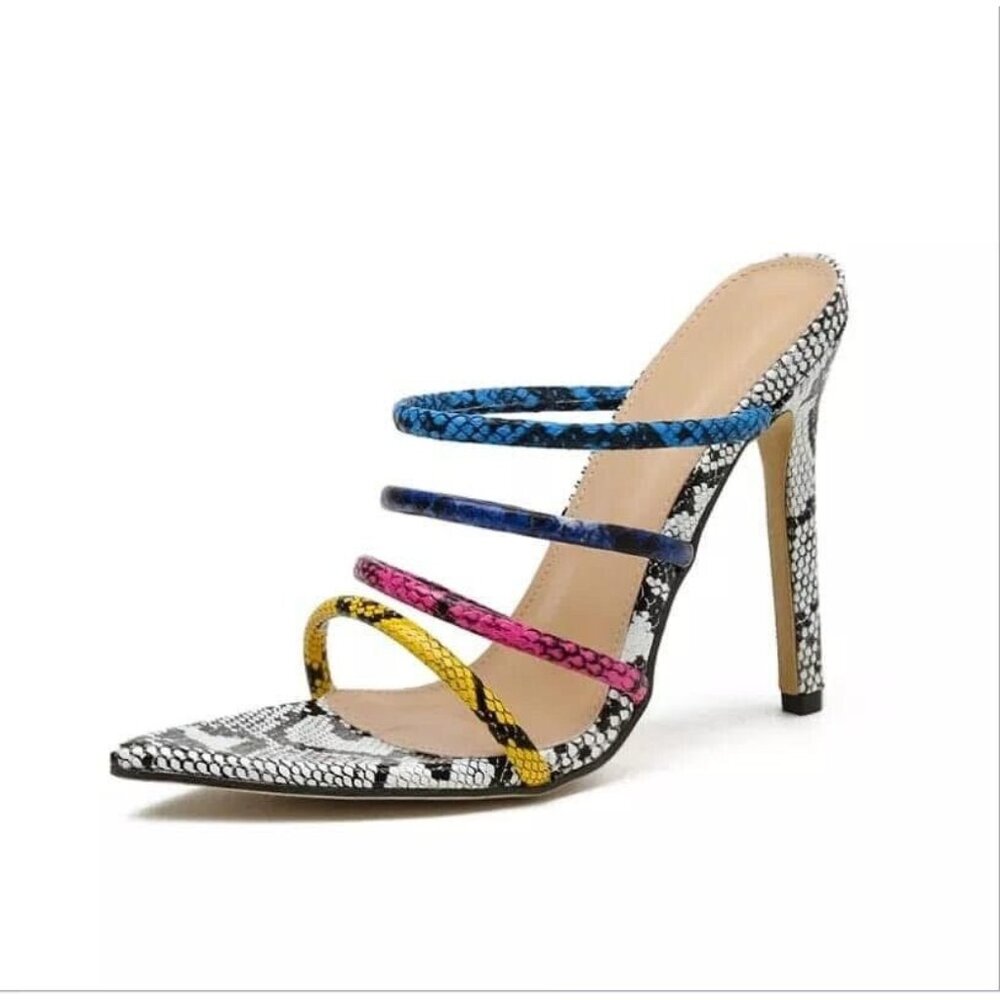 Wild Diva Strappy Mules Sandals Pointy Open Toe Heels 8.5 Multicolor
